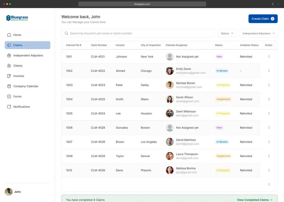 Bluegrass Damage Appraisal admin portal: the claims management table