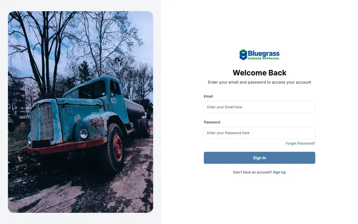 The production sign in page at app.bluegrass.claims