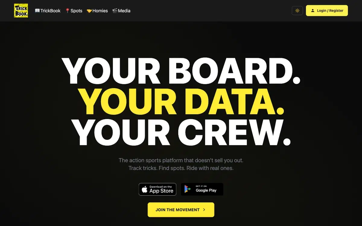 thetrickbook.com homepage: your board, your data, your crew